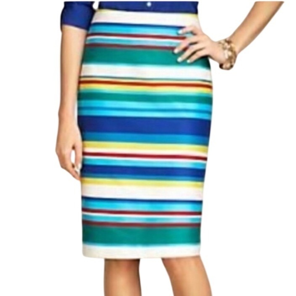 Talbots Women's Colorful Horizontal Rainbow Stripe Cotton‎ Pencil Skirt Size 8P